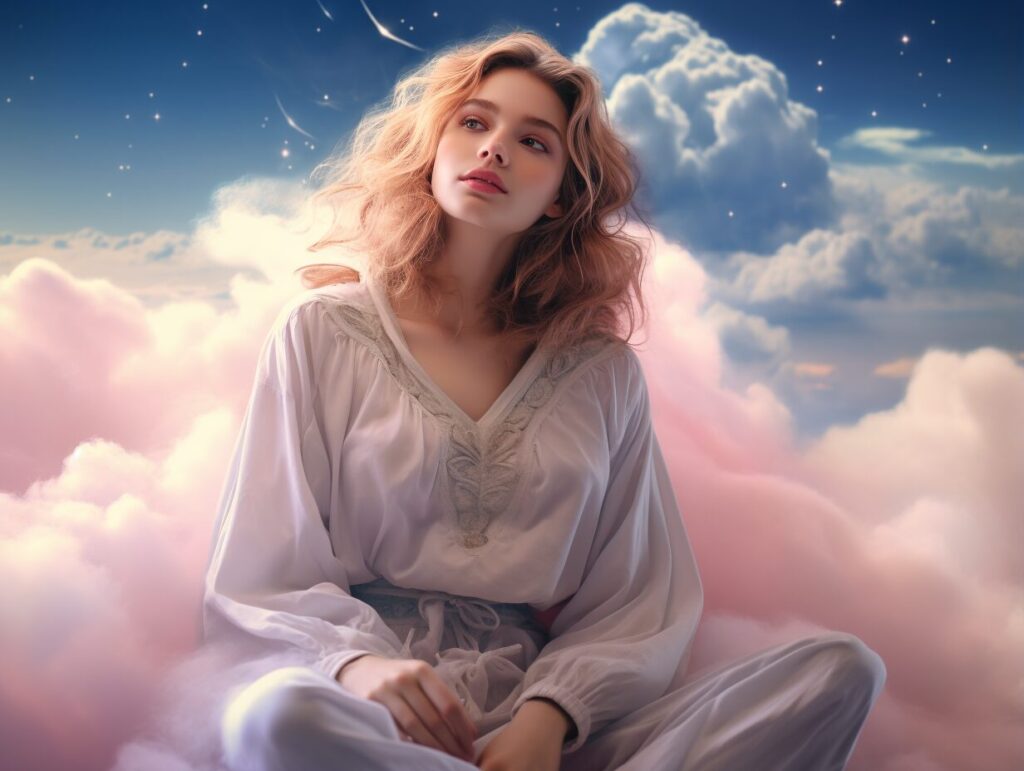 Beautiful woman sits on pink clouds, wearing a white, loose-fitting garment. The background features a dreamy sky with fluffy clouds and stars, creating an ethereal atmosphere.